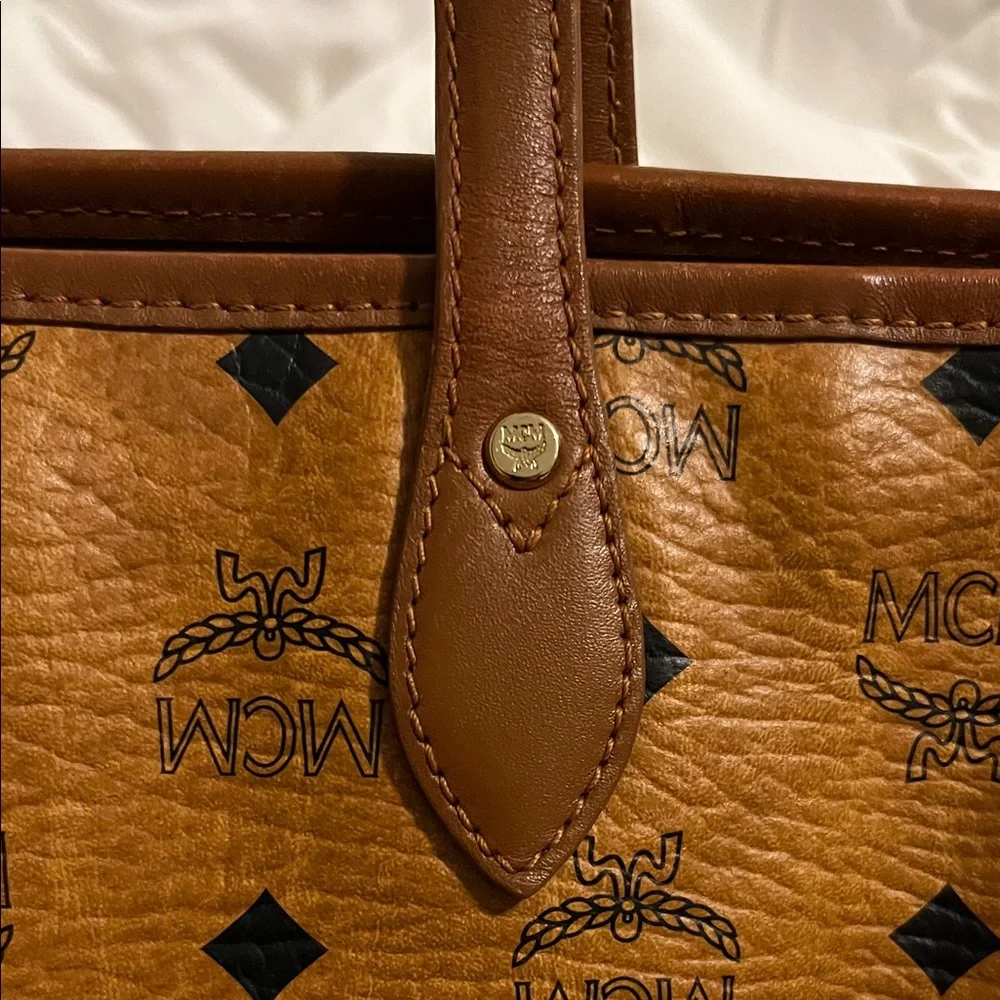 MCM Cognac Brown Visetos Small Tote with Navy and Orange Stripes
